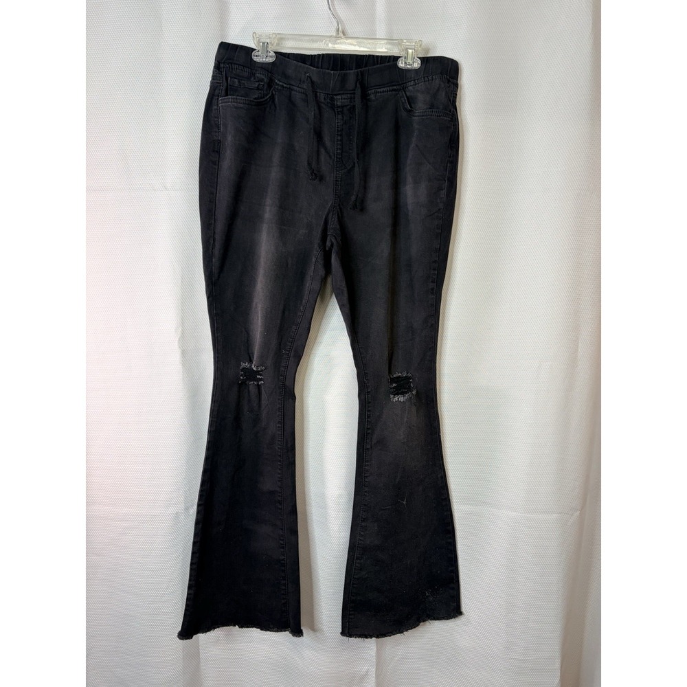 YMI Black High Rise Flare Jeans Distressed Ripped Knee Frayed Hem Size 1X